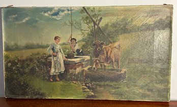 Lot 303-  Antique Original Landscape Painting With Cows And Man Woman At Well