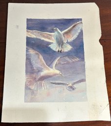 Lot 304-  Vintage Watercolor Painting Of Seagulls Oceanside