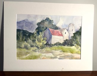 Lot 307-  Vintage Watercolor Farm Barn With Silo Painting Art
