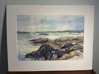 Lot 311- Rocky Shoreline Misty Ocean Watercolor Painting -Original Art - Seascape