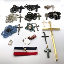 Lot 101 - Religious Lot Some Sterling - Rosaries, Crosses, Pendants, Hanging Wall Cross