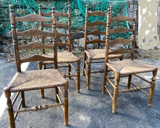 Lot 64 - Set Of 4 Ladderback Shaker Style Pilgrim  Wood Chairs Rush Seats