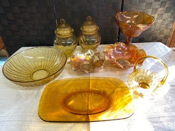 Lot 65 - Amber Imperial Carnival Glass Marigold Biscuit Jar Compote Bowl Lot