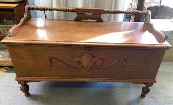 Lot 14 - 1930s Walnut Hope Sweater Chest Blanket Trunk Bench - Cedar Lined - Carved Medallion