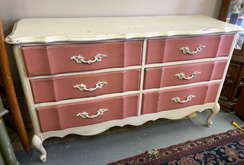 Lot 55 - Pink And White Vintage Shabby Chippy Paint Bureau Dresser