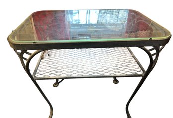 Lot 4-  Mid Century Wrought  Iron Outdoor Patio Side Table With Glass Top
