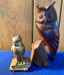 Lot 184 - Whoo! Two Owls Hard Wood Carving And Solid Brass Paperweight PM Craftsman