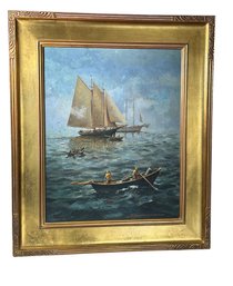 Lot 313-  Stunning Ocean Tall Ships Giclee 1/100 By Artist Donald Allen Mosher In Gold Leaf Frame
