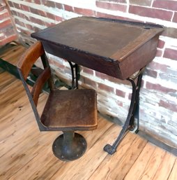 Lot 3-  Antique Wood Childs Student School Desk With Ink Well & Adjustable Chair Cast Iron Base