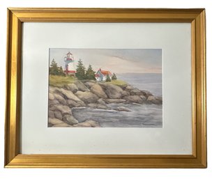 Lot 324- Lighthouse Watercolor Painting By Louise Anderson - Jagged Coastline - Seascape - Nautical