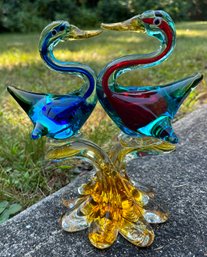 Lot 300 - Vintage Swan Pelican Pair Of Birds Hand Blown Art Glass Decor - Murano? - 9 Inches