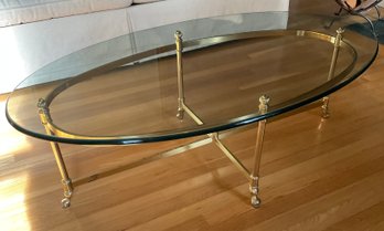 Glass Top Oval Coffee Table With Brass Base - Vintage