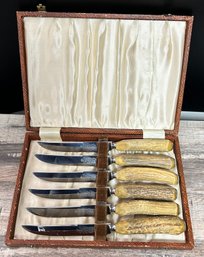 Lot 8KR - Vintage Set Of 6 Kirk's Forged Sheffield Antler Knives In Box