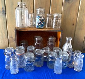 Lot 52 - Vintage Mason Jars Atlas & Ball - Small Milk Jars, Wood Crate