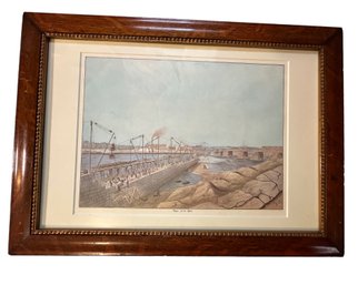 Lot 346 - View Of Dam In Lawrence MA 1800s - Reproduction Litho In Mid Century Wood Frame