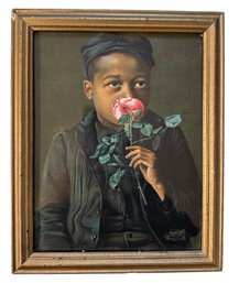 Lot 347 - 1895 American Beauty Antique Art Litho Of Boy Smelling Rose In Antique Frame