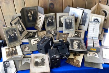 Lot 60 - Huge Vintage Photo Lot Plus Cameras Brownies Polaroid And Slides Wood Crate