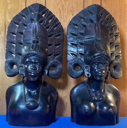 Lot 105- Pair Of Carved Man Woman Tribal Busts Figures
