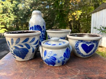 Lot 308G - Vintage Salmon Falls Stoneware Pitcher Bottle - Planter Pots - Covered Bowl Blue Collection