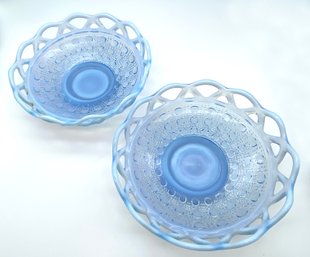 Lot 57A SES-pair Of  Imperial Depression Glass  Blue Opalescent Bowls Candy Dishes Open Lace