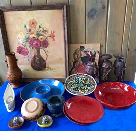 Lot 202 - Vintage Mexican Pottery, Floral Art - Italian Plates Chip N Salsa, Canoe Candle Holder