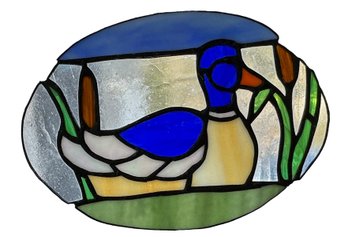 Lot 371 - Art Glass Stained Glass Duck In Water With Foliage - 10x7