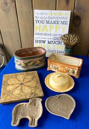 Lot 204 - Sunshine Lot Painted Clay Pots Brass Wheat Yellow Butter Dish  Brown Bag Cookie Art