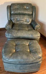 Lot 3- Leathercraft Tufted Teal Green Leather Arm Chair And Ottoman - Very Nice! Comfy!