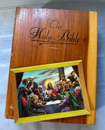 Lot 380 -Holy Bible Memorial Sympathy Edition  In Cedar Box With Religious Small Hologram Art