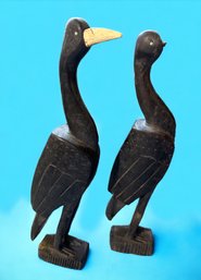 Lot 381 - African Art- Tall Pair Of Hand Carved Black Herons Ebony Wood  - 12 3/4 Inches