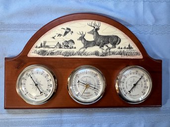 Lot 382 - MCM Mid Century Springfield Rustic Scrimshaw Carved Deer & Ducks Wildlife Wood Barometer