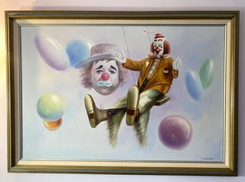 Lot 52 - Very Large Vintage Clown On Canvas Art Painting By Artist J. Hawken - Wood Frame 40x29