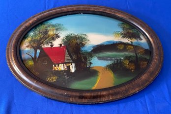 Lot 53 - Antique Oval Bubble Glass Reverse Painting - House On Lake With Mountains