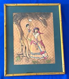 Lot 56 - Vintage Reverse Copper Foil Original Art Couple - With Bamboo Frame