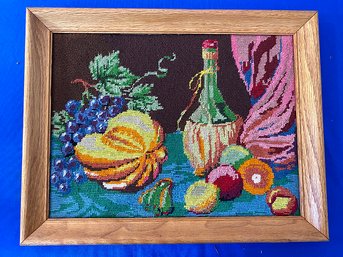 Lot 64 - Vintage Embroidery - Still Life - Italian Wine Bottle & Fruit
