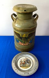 Lot 70 - Vintage Rustic Painted Milk Can With Eagle And Canton Ohio Bicentennial 1776 Pewter Plate