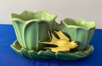 Lot 73 - Vintage McCoy Pottery Double Small Green Tulip Planter With Swallow Yellow Bird