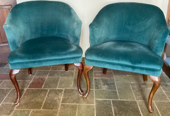 Lot 16- (2) Green Velvet Art Deco Scalloped Back Armchairs - Needs Cleaning