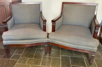 Lot 17- 1920s Upholstered Pair Of Mahogany Side Chairs With Blue Fabric
