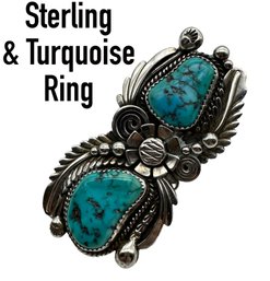Lot 114 - Statement! Sterling Silver Signed A Repousse With Turquoise Ring