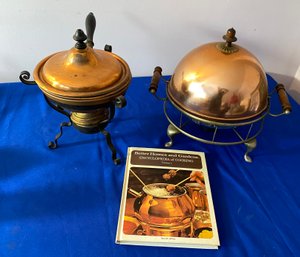 Lot 76 - Mid Century Copper Fondue Sets With Pyrex Covered Dish Divided Bowl Cookbook