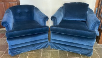 Lot 24- Pair Of Blue Velvet Club Chairs On Wheels - Vintage