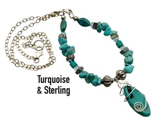Lot 121- Gorgeous! Sterling Silver With Turquoise & Crystal Necklace