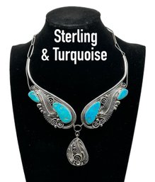 Lot 122- Stunning Sterling Silver & Turquoise Repousse Necklace Double Sided Pendant Tested