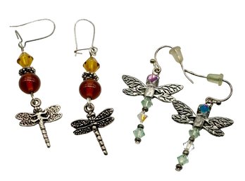Lot 124- Dragon Fly Amber & Crystals 2 Pair Vintage Earrings
