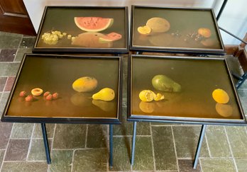 Lot 33- Artex 1950s Mid Century Painted Fruit  Folding Tray Table Set Of 4 With Stand