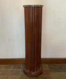 Lot 37- Tall Wood Pedestal With Marble Top Plant Or Bust Table