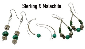 Lot 140- Sterling  Silver & Malachite Vintage Dangle Earrings - 3 Pairs