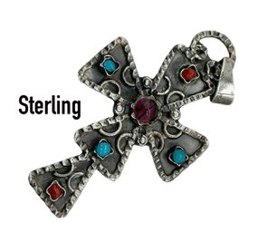 Lot 147- Mexico Sterling Silver Cross Pendant Coral & Turquoise