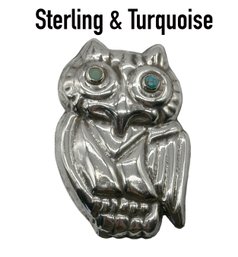 Lot 150- Who! Sterling Silver Mexico Owl Brooch With Turquoise Eyes - Large Statement Piece